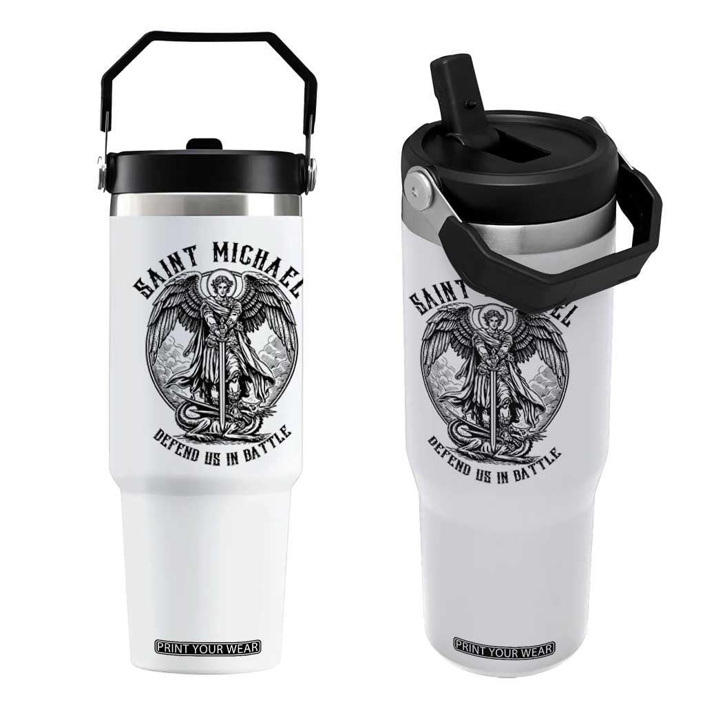 Saint Michael Heavenly Warrior Flip Straw Tumbler Defend Us In Battle TS12 One Size: 30 oz White Print Your Wear