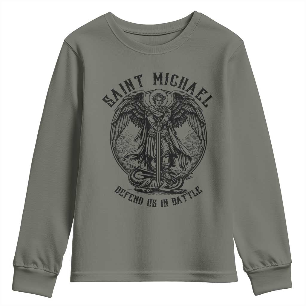 Saint Michael Heavenly Warrior Youth Sweatshirt Defend Us In Battle TS12 Military Green Print Your Wear