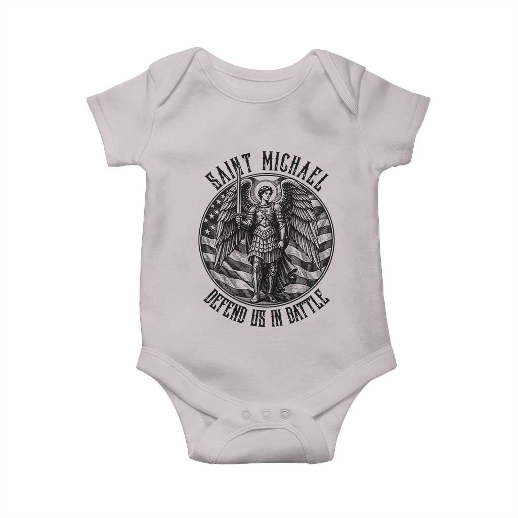 Saint Michael Defend Us In Battle Baby Onesie American Flag Patriotic TS12 Ice Gray Print Your Wear