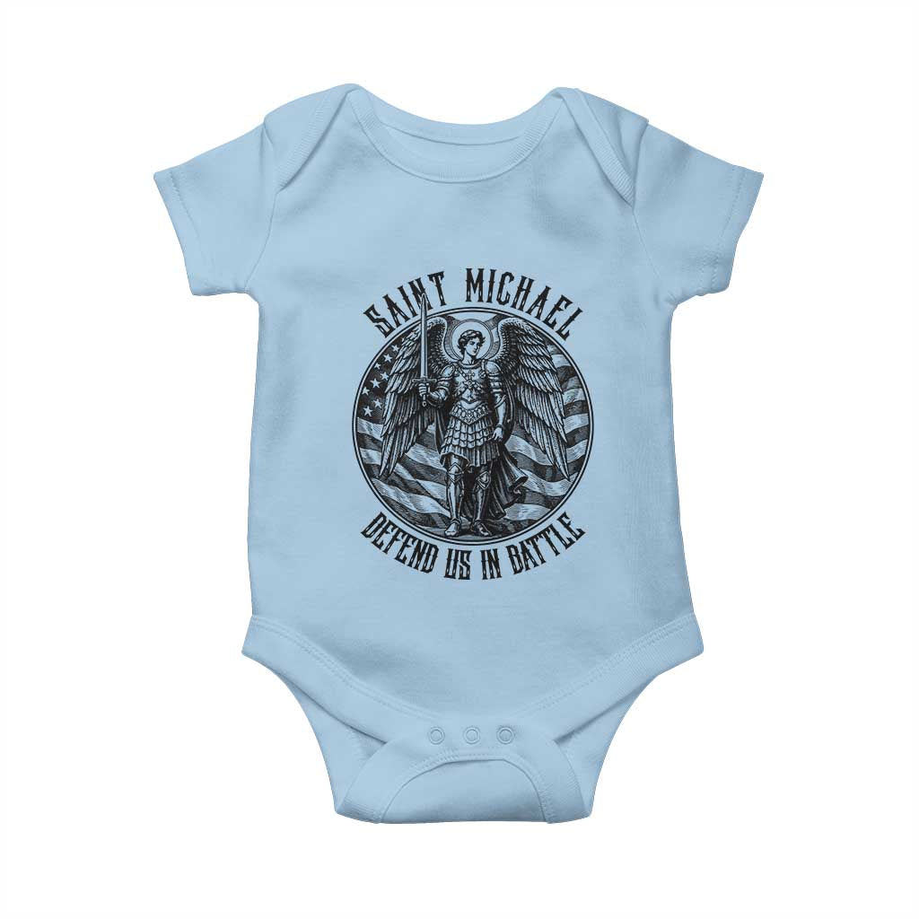 Saint Michael Defend Us In Battle Baby Onesie American Flag Patriotic TS12 Light Blue Print Your Wear