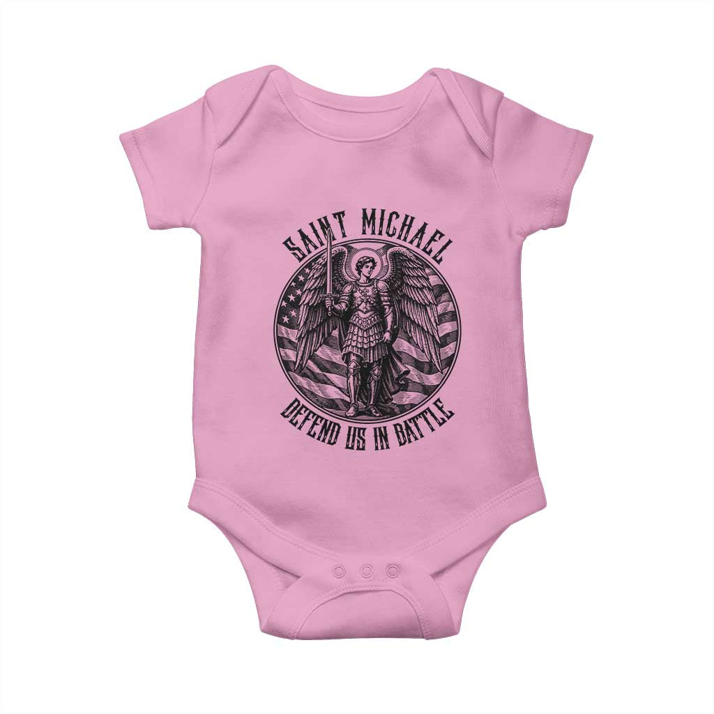Saint Michael Defend Us In Battle Baby Onesie American Flag Patriotic TS12 Light Pink Print Your Wear