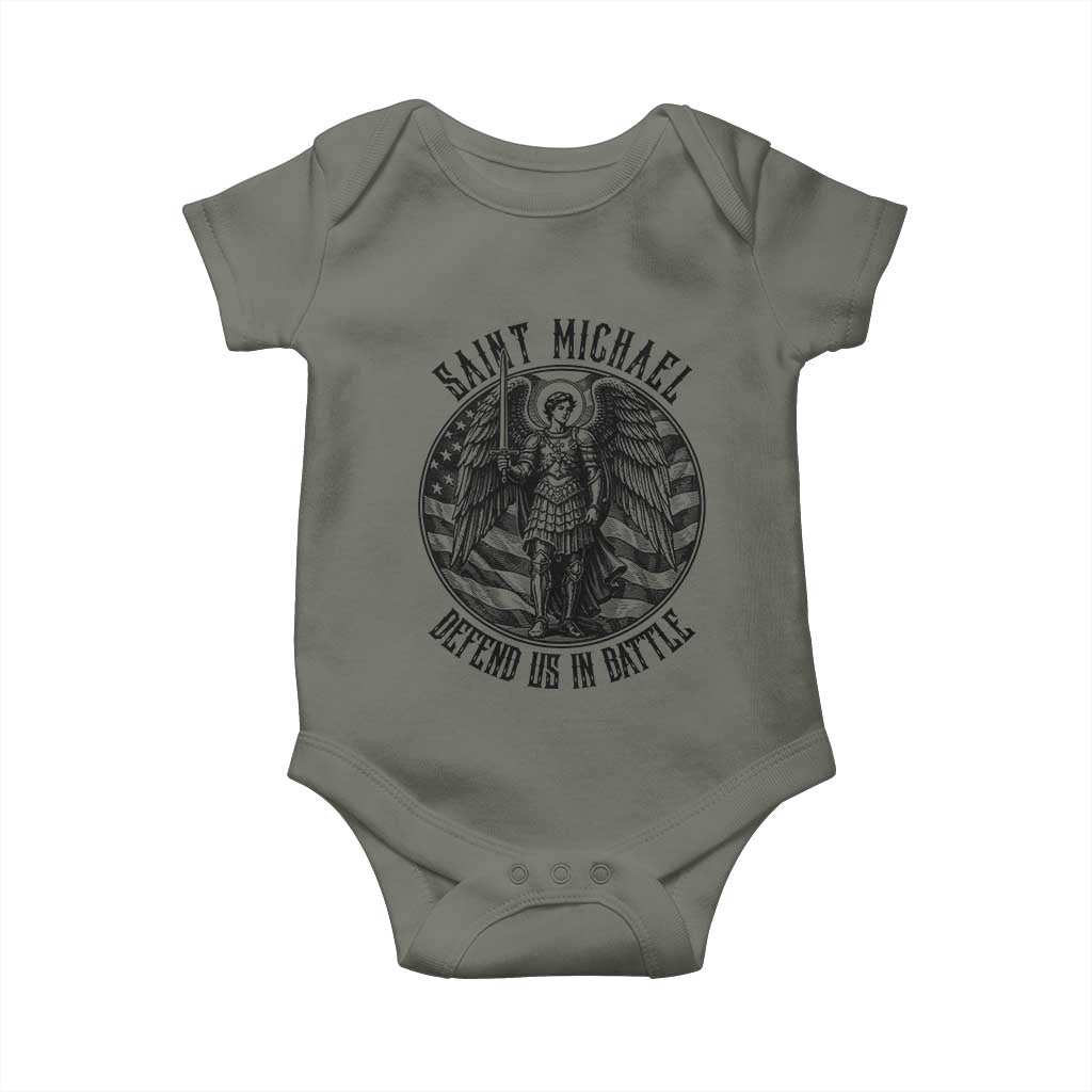 Saint Michael Defend Us In Battle Baby Onesie American Flag Patriotic TS12 Military Green Print Your Wear