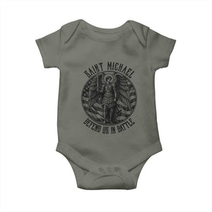 Saint Michael Defend Us In Battle Baby Onesie American Flag Patriotic TS12 Military Green Print Your Wear