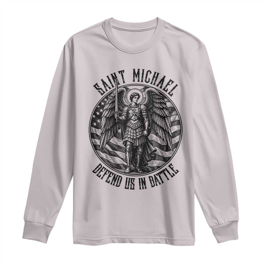 Saint Michael Defend Us In Battle Long Sleeve Shirt American Flag Patriotic TS12 Ice Gray Print Your Wear