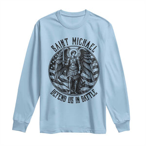 Saint Michael Defend Us In Battle Long Sleeve Shirt American Flag Patriotic TS12 Light Blue Print Your Wear