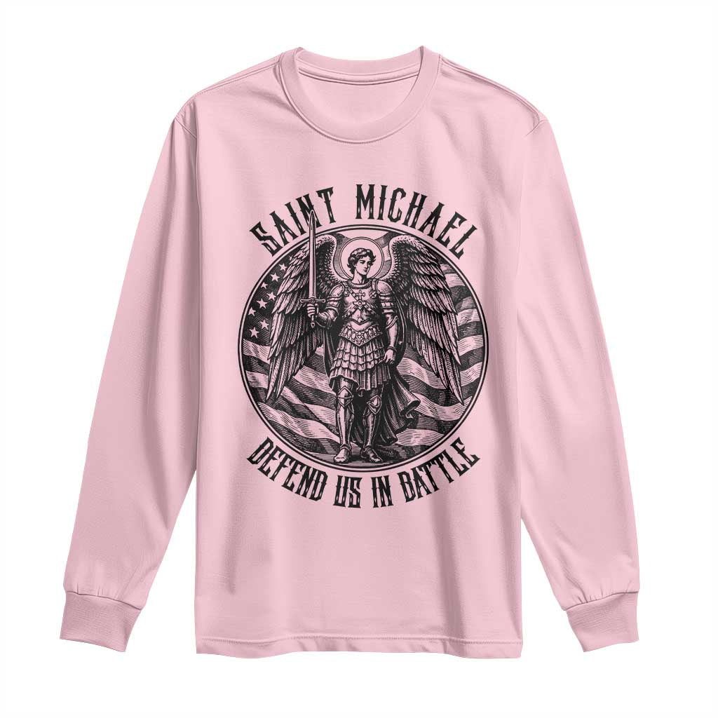 Saint Michael Defend Us In Battle Long Sleeve Shirt American Flag Patriotic TS12 Light Pink Print Your Wear