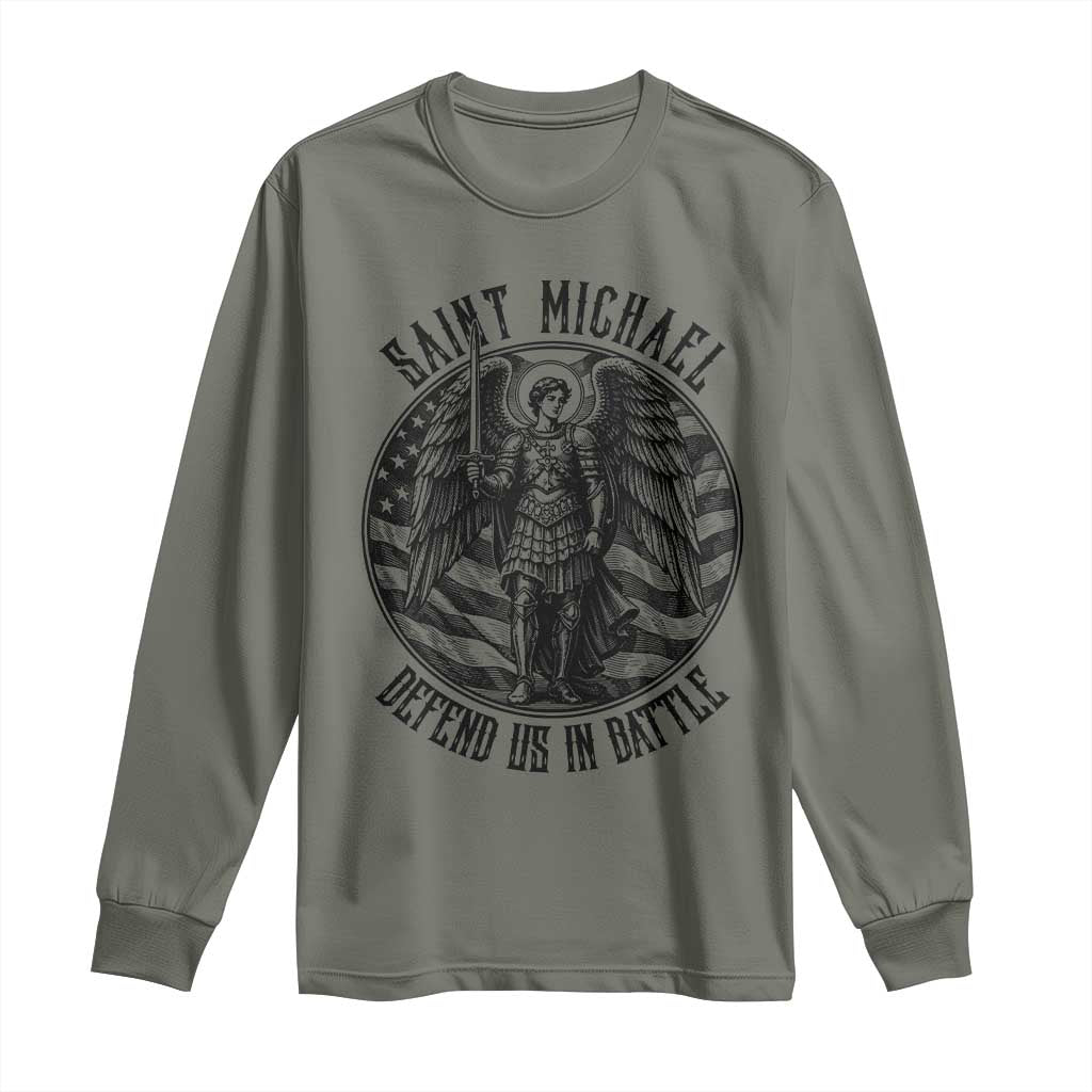 Saint Michael Defend Us In Battle Long Sleeve Shirt American Flag Patriotic TS12 Military Green Print Your Wear