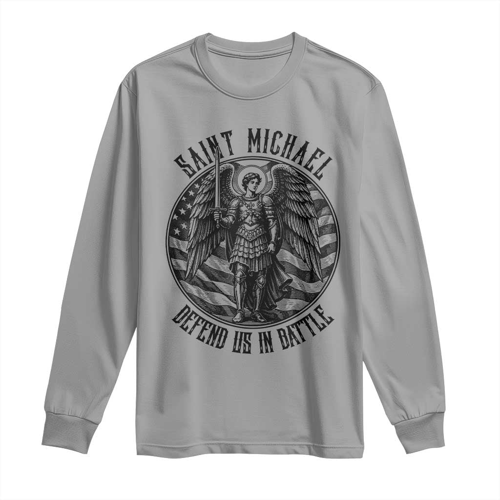 Saint Michael Defend Us In Battle Long Sleeve Shirt American Flag Patriotic TS12 Sport Gray Print Your Wear