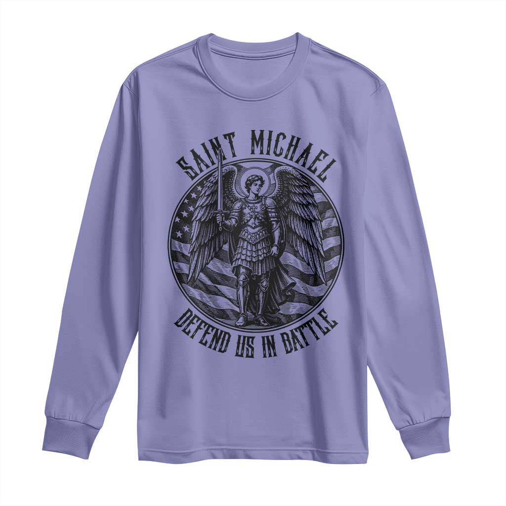 Saint Michael Defend Us In Battle Long Sleeve Shirt American Flag Patriotic TS12 Violet Print Your Wear