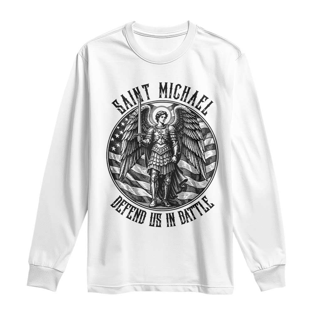 Saint Michael Defend Us In Battle Long Sleeve Shirt American Flag Patriotic TS12 White Print Your Wear
