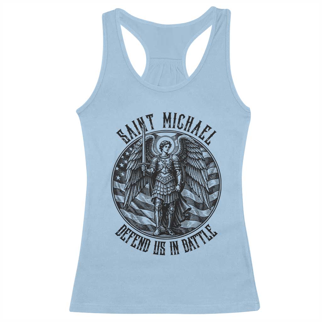 Saint Michael Defend Us In Battle Racerback Tank Top American Flag Patriotic TS12 Light Blue Print Your Wear