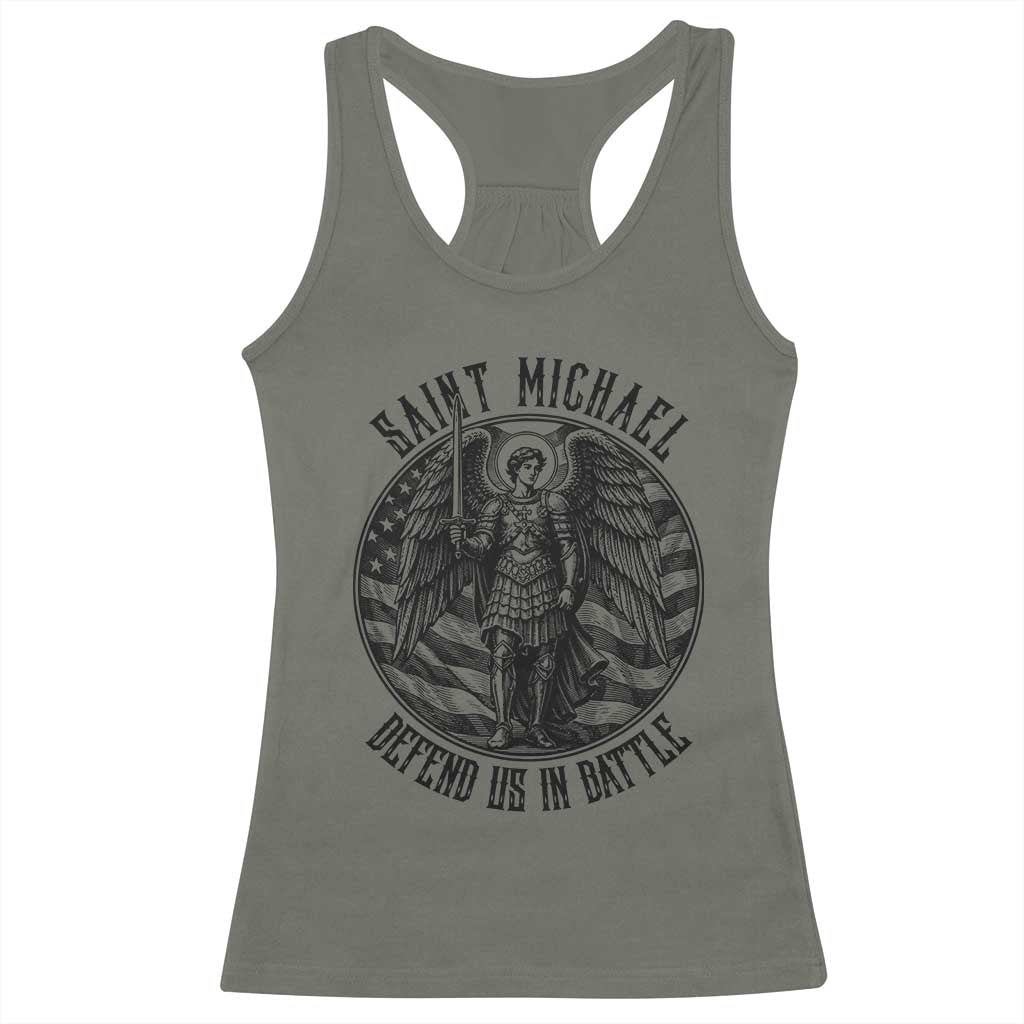 Saint Michael Defend Us In Battle Racerback Tank Top American Flag Patriotic TS12 Military Green Print Your Wear