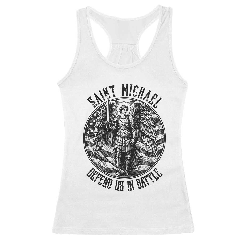 Saint Michael Defend Us In Battle Racerback Tank Top American Flag Patriotic TS12 White Print Your Wear