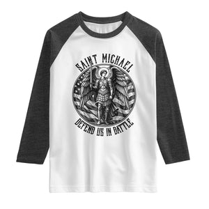 Saint Michael Defend Us In Battle Raglan Shirt American Flag Patriotic TS12 White Heather Charcoal Print Your Wear