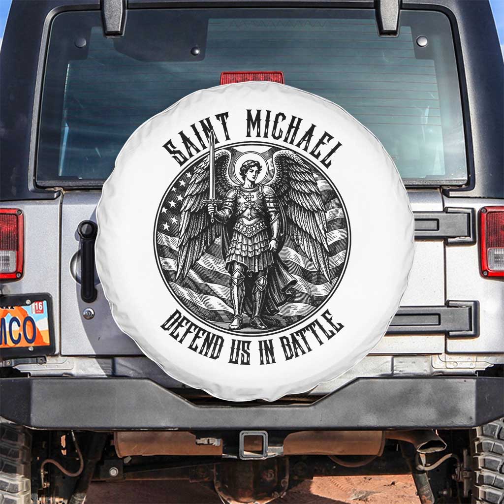 Saint Michael Defend Us In Battle Spare Tire Cover American Flag Patriotic TS12 No hole White Print Your Wear