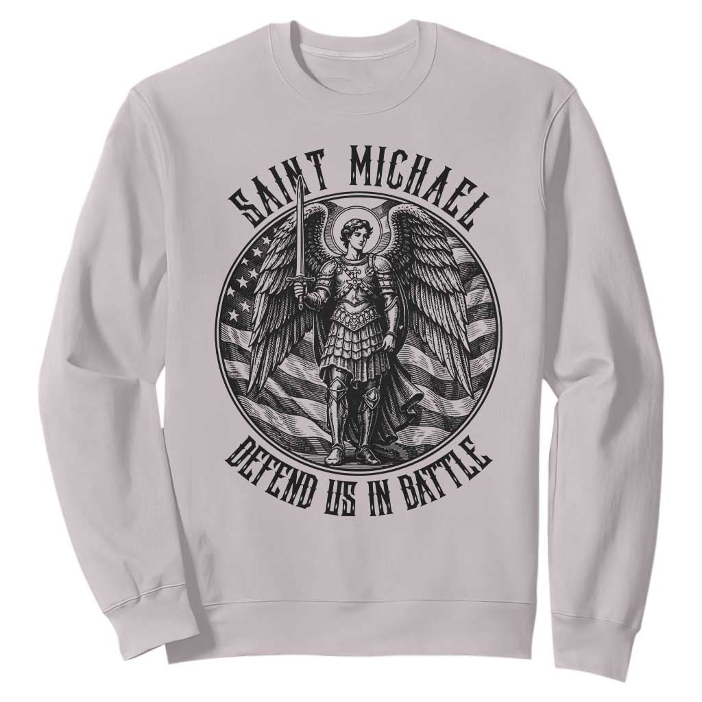Saint Michael Defend Us In Battle Sweatshirt American Flag Patriotic TS12 Ice Gray Print Your Wear