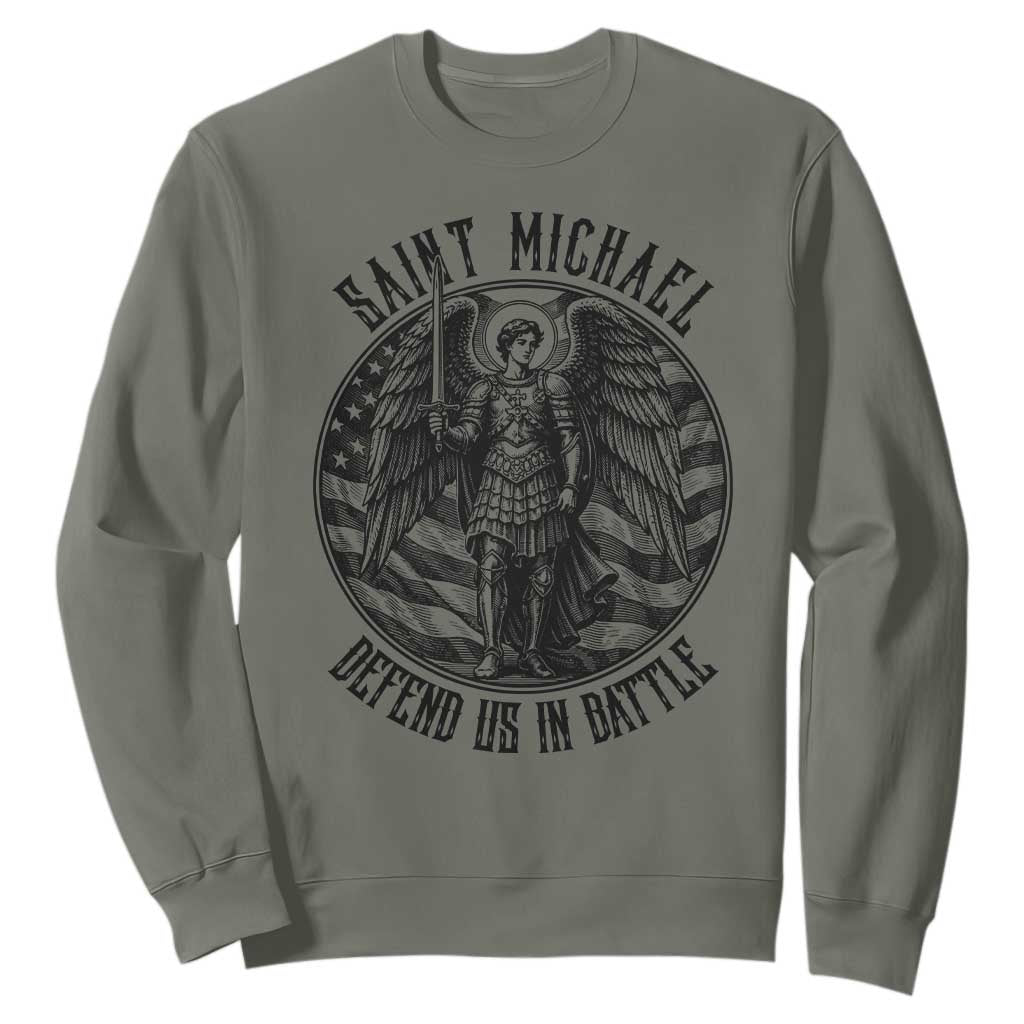 Saint Michael Defend Us In Battle Sweatshirt American Flag Patriotic TS12 Military Green Print Your Wear