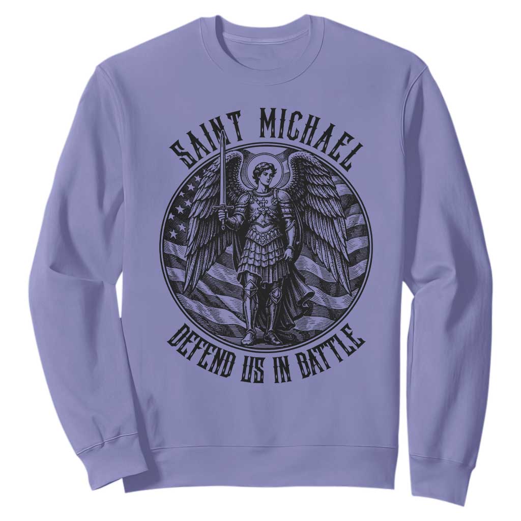 Saint Michael Defend Us In Battle Sweatshirt American Flag Patriotic TS12 Violet Print Your Wear