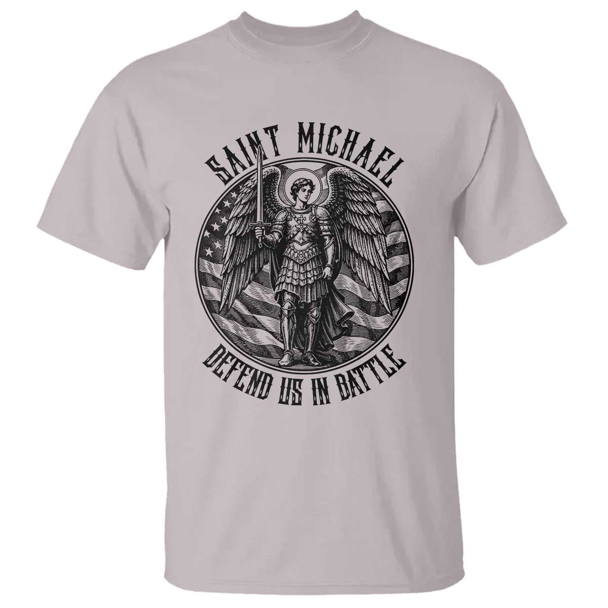 Saint Michael Defend Us In Battle T Shirt American Flag Patriotic TS12 Ice Gray Print Your Wear