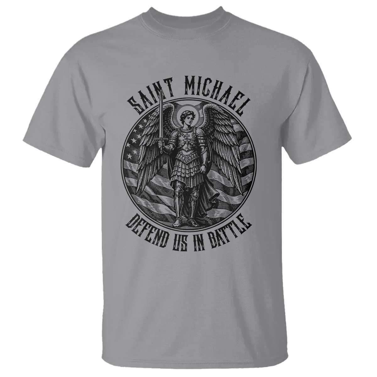 Saint Michael Defend Us In Battle T Shirt American Flag Patriotic TS12 Sport Gray Print Your Wear