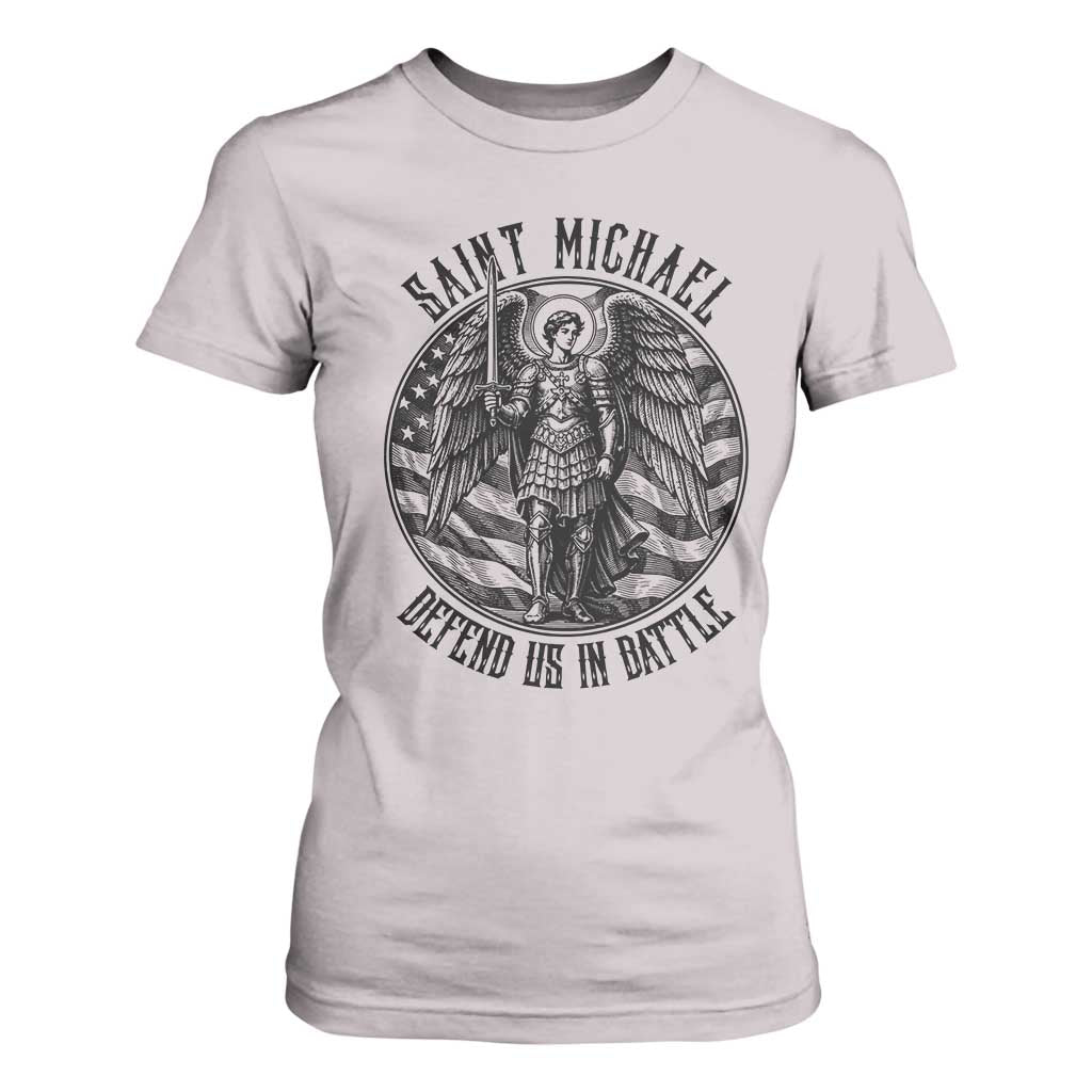 Saint Michael Defend Us In Battle T Shirt For Women American Flag Patriotic TS12 Ice Gray Print Your Wear