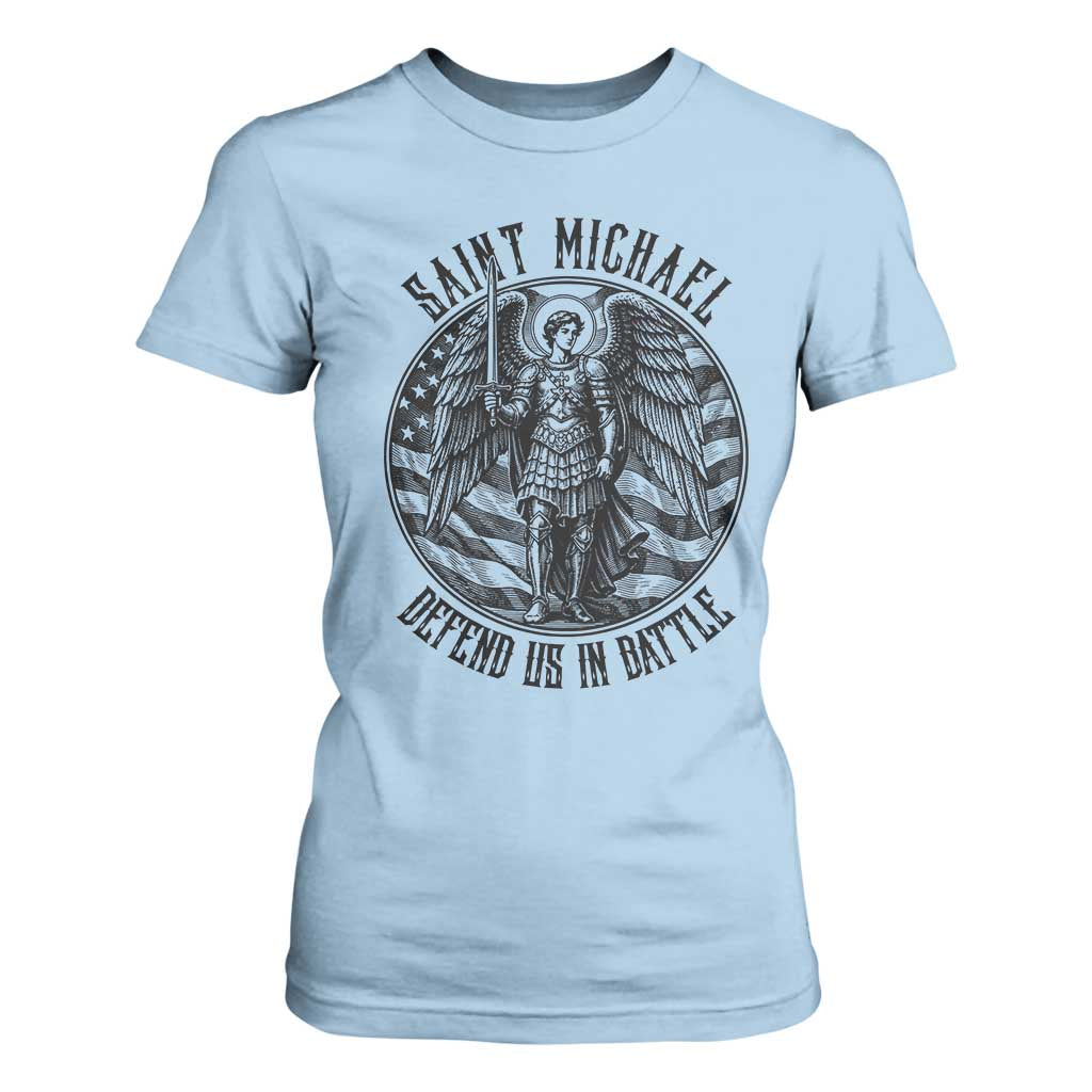 Saint Michael Defend Us In Battle T Shirt For Women American Flag Patriotic TS12 Light Blue Print Your Wear