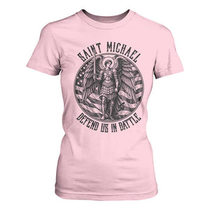 Saint Michael Defend Us In Battle T Shirt For Women American Flag Patriotic TS12 Light Pink Print Your Wear
