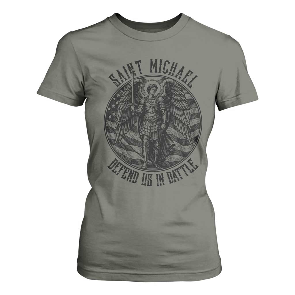 Saint Michael Defend Us In Battle T Shirt For Women American Flag Patriotic TS12 Military Green Print Your Wear