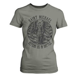 Saint Michael Defend Us In Battle T Shirt For Women American Flag Patriotic TS12 Military Green Print Your Wear