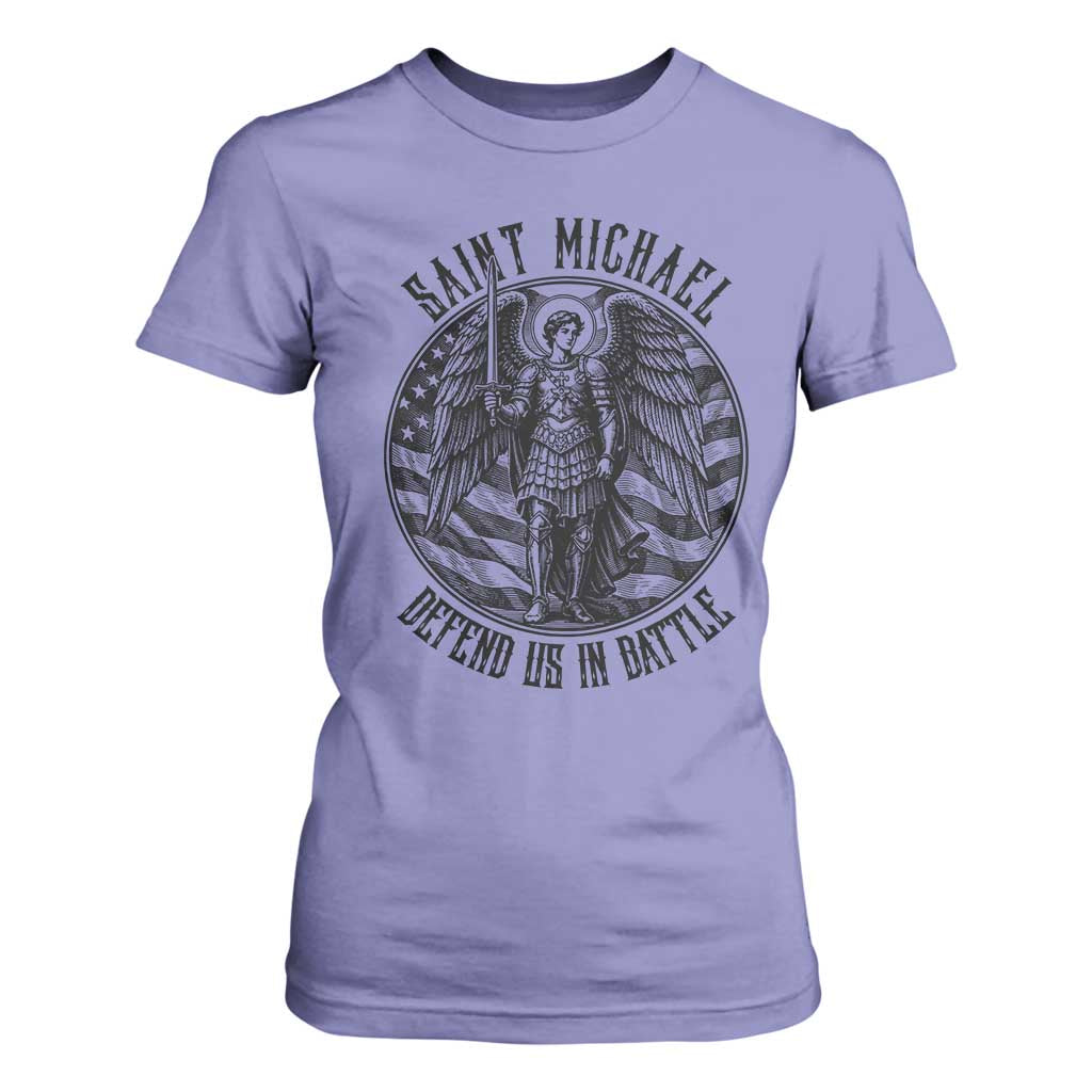 Saint Michael Defend Us In Battle T Shirt For Women American Flag Patriotic TS12 Violet Print Your Wear
