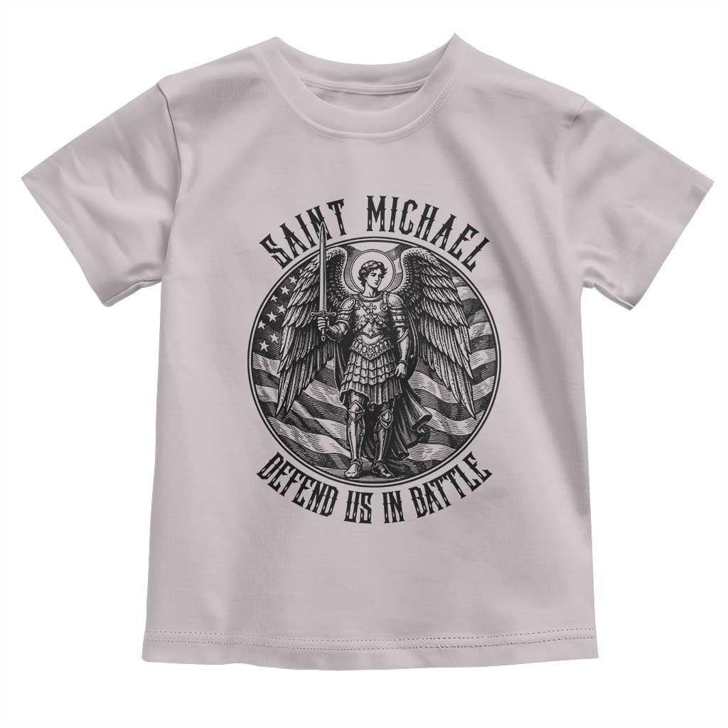Saint Michael Defend Us In Battle Toddler T Shirt American Flag Patriotic TS12 Ice Gray Print Your Wear