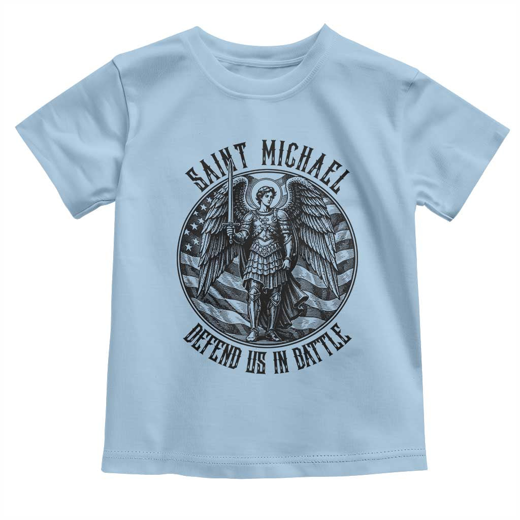 Saint Michael Defend Us In Battle Toddler T Shirt American Flag Patriotic TS12 Light Blue Print Your Wear