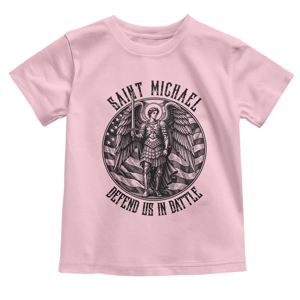 Saint Michael Defend Us In Battle Toddler T Shirt American Flag Patriotic TS12 Light Pink Print Your Wear