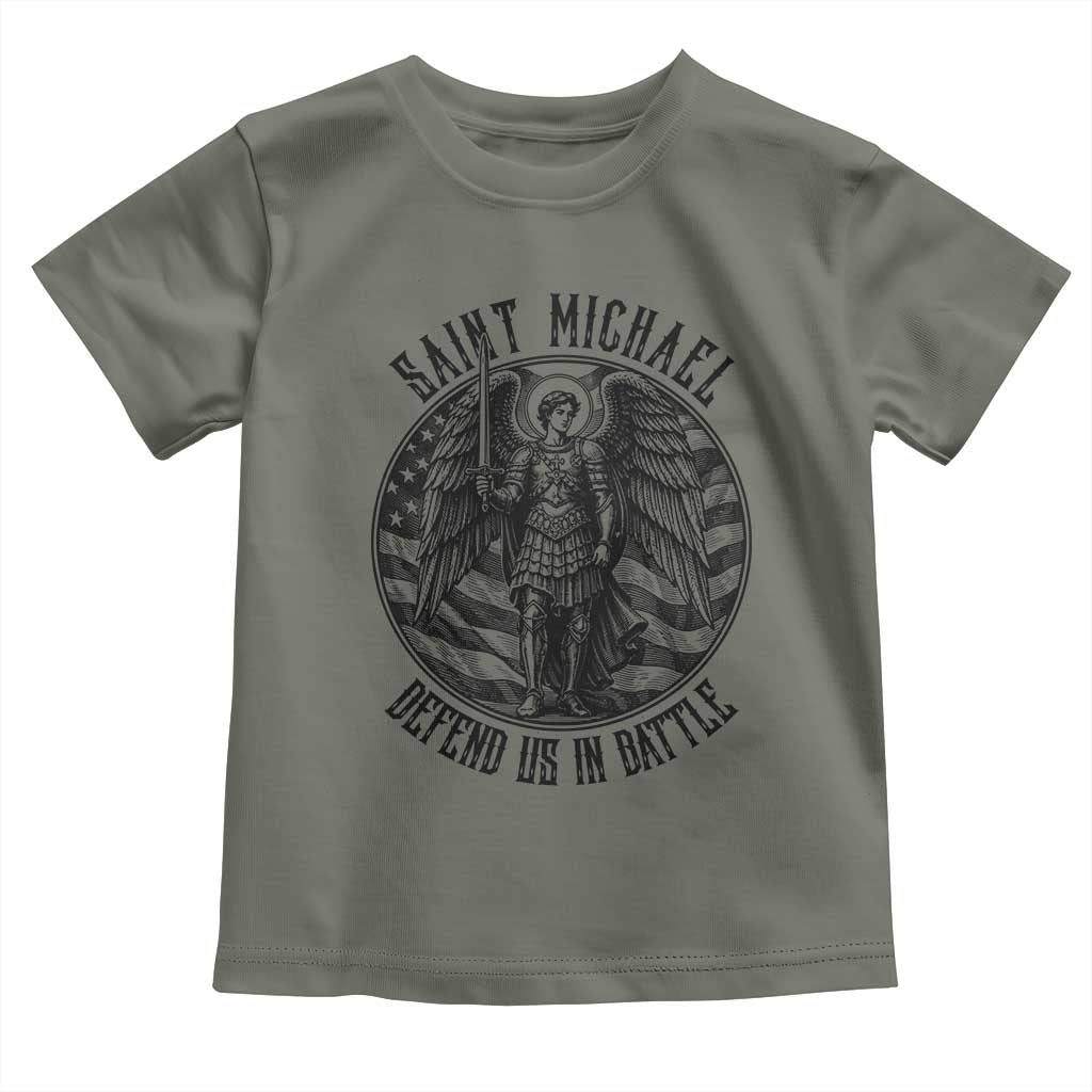 Saint Michael Defend Us In Battle Toddler T Shirt American Flag Patriotic TS12 Military Green Print Your Wear