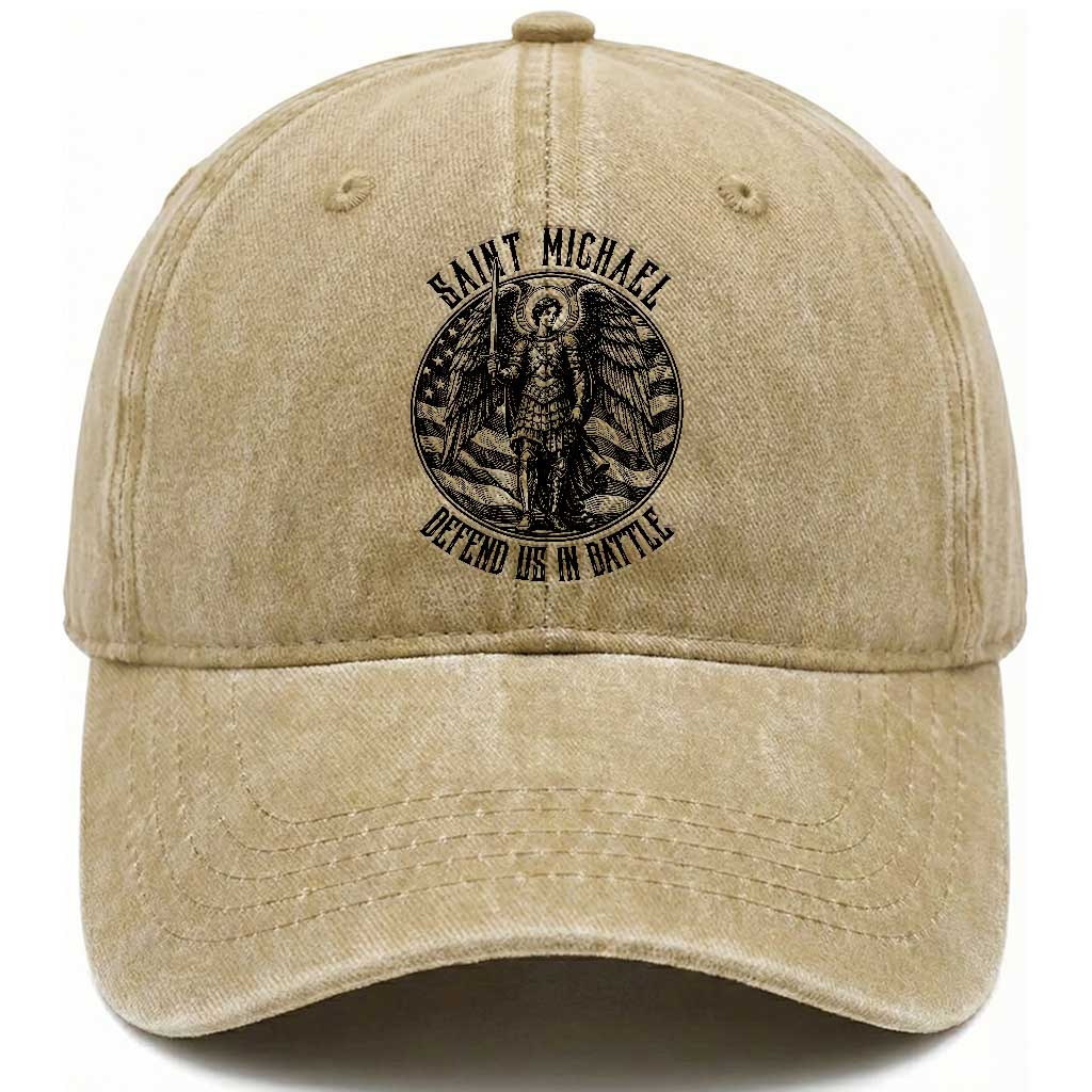 Saint Michael Defend Us In Battle Washed Cotton Baseball Cap American Flag Patriotic TS12 Print Your Wear