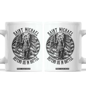 Saint Michael Defend Us In Battle Coffee Mug American Flag Patriotic TS12 White Print Your Wear