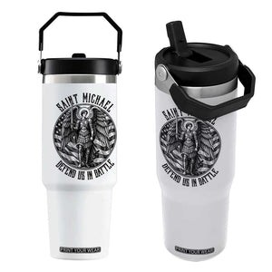 Saint Michael Defend Us In Battle Flip Straw Tumbler American Flag Patriotic TS12 One Size: 30 oz White Print Your Wear