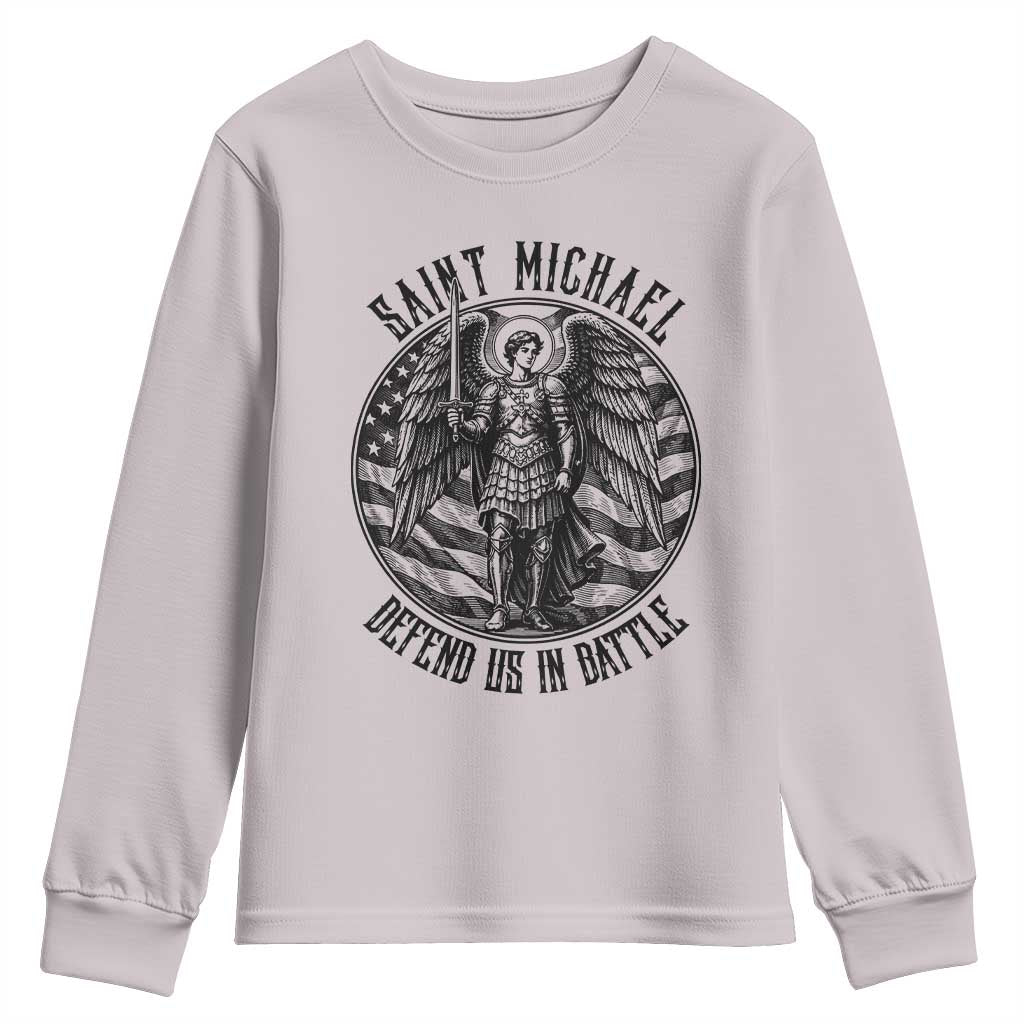 Saint Michael Defend Us In Battle Youth Sweatshirt American Flag Patriotic TS12 Ice Gray Print Your Wear