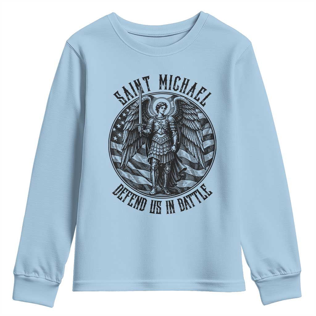 Saint Michael Defend Us In Battle Youth Sweatshirt American Flag Patriotic TS12 Light Blue Print Your Wear
