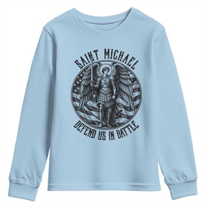Saint Michael Defend Us In Battle Youth Sweatshirt American Flag Patriotic TS12 Light Blue Print Your Wear
