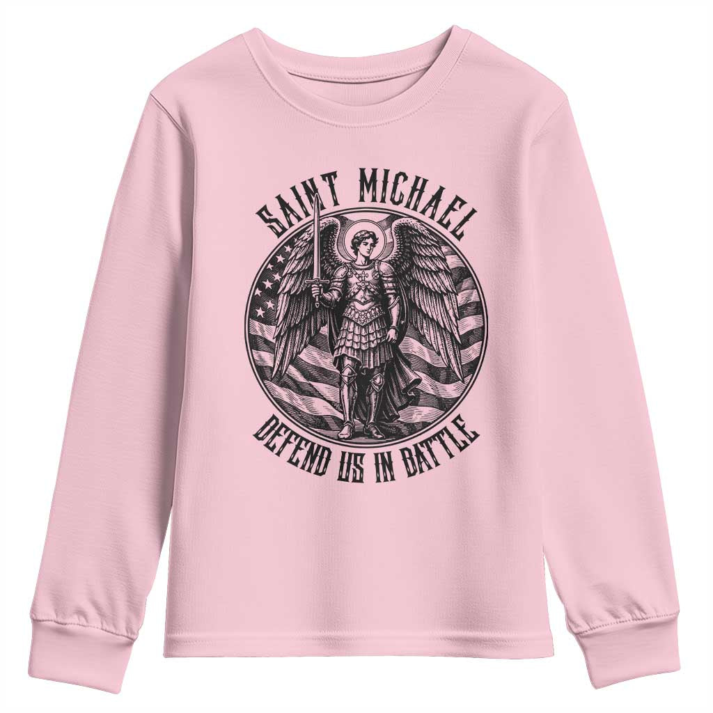 Saint Michael Defend Us In Battle Youth Sweatshirt American Flag Patriotic TS12 Light Pink Print Your Wear