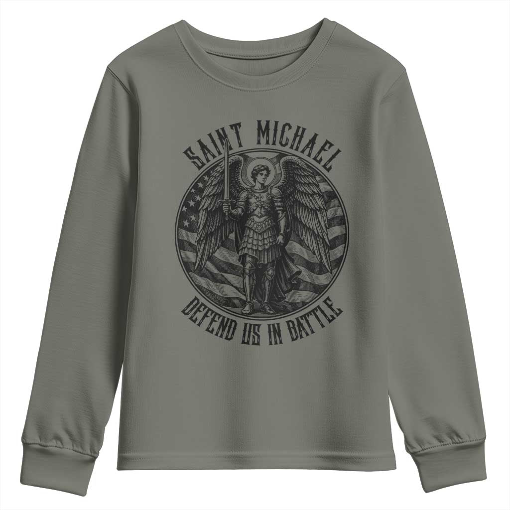 Saint Michael Defend Us In Battle Youth Sweatshirt American Flag Patriotic TS12 Military Green Print Your Wear