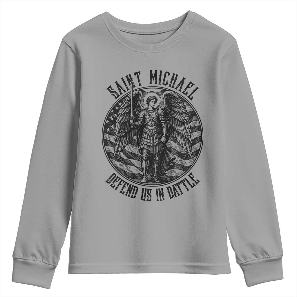 Saint Michael Defend Us In Battle Youth Sweatshirt American Flag Patriotic TS12 Sport Gray Print Your Wear