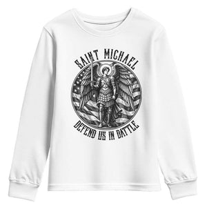 Saint Michael Defend Us In Battle Youth Sweatshirt American Flag Patriotic TS12 White Print Your Wear