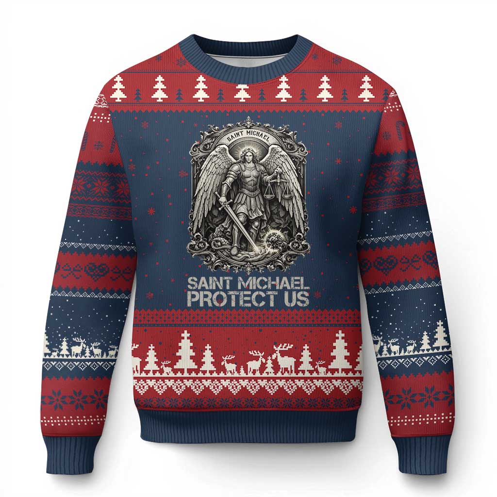 St Michael The Archangel Protect Us Ugly Christmas Sweater Christian Faith Gift TS12 Navy Red Print Your Wear