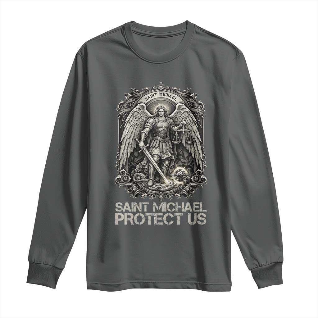 St Michael The Archangel Protect Us Long Sleeve Shirt Christian Faith Gift TS12 Dark Heather Print Your Wear