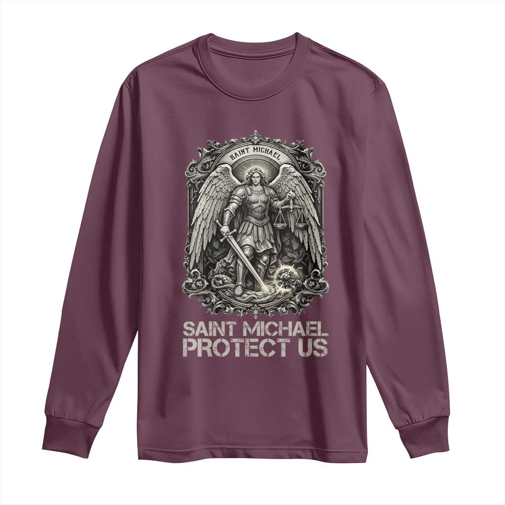 St Michael The Archangel Protect Us Long Sleeve Shirt Christian Faith Gift TS12 Maroon Print Your Wear