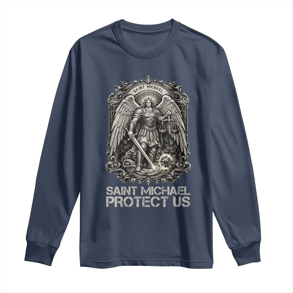 St Michael The Archangel Protect Us Long Sleeve Shirt Christian Faith Gift TS12 Navy Print Your Wear