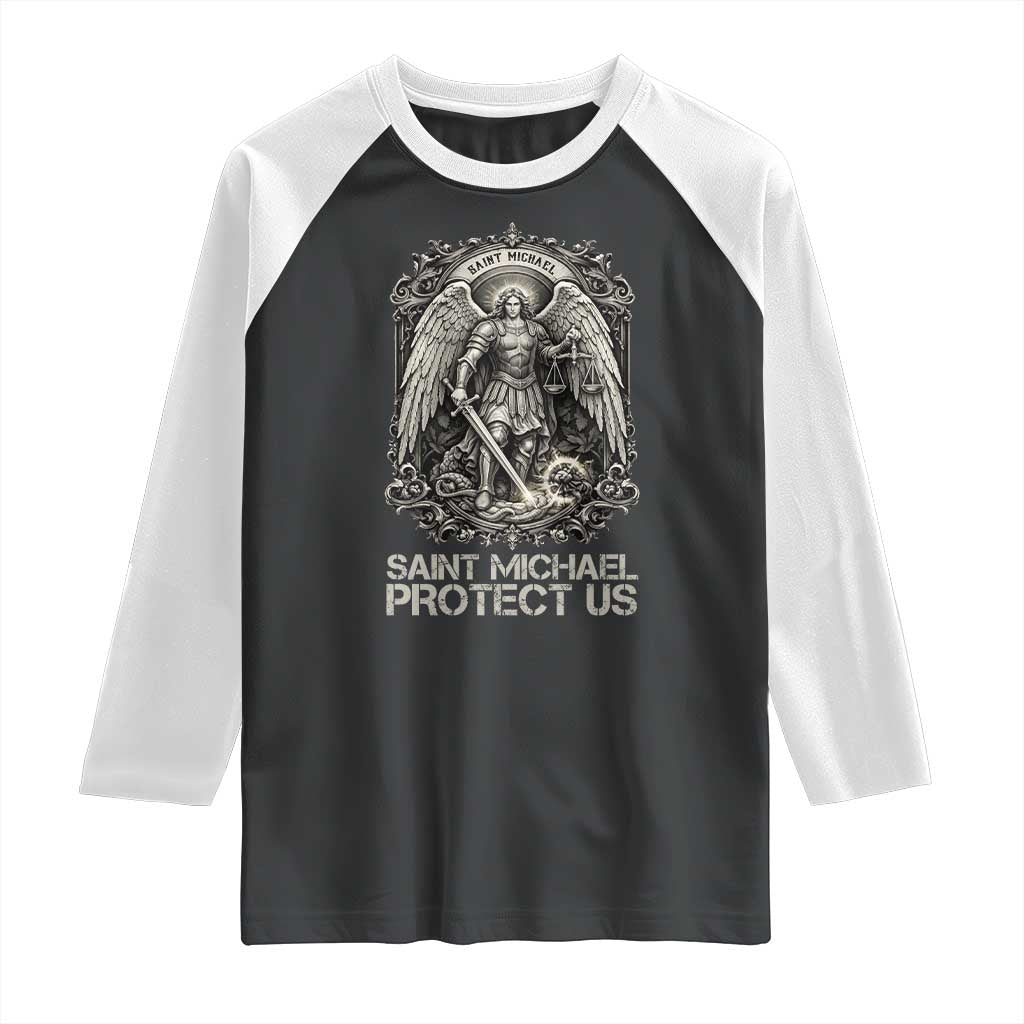 St Michael The Archangel Protect Us Raglan Shirt Christian Faith Gift TS12 Black White Print Your Wear