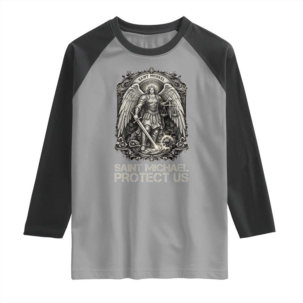St Michael The Archangel Protect Us Raglan Shirt Christian Faith Gift TS12 Sport Gray Black Print Your Wear